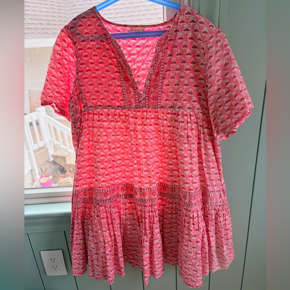 Marea Pink Block Print Tiered Dress Size Large Cotton Short Sleeve - Picture 2 of 6